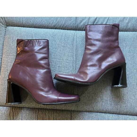Vtg Nine West Boots Womens 8 Leather Square Toe Block Heel Zip Retro Mod Maroon - Picture 1 of 11
